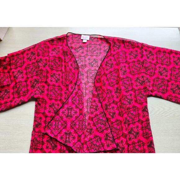 KIMONO/ROBE/COVER UP-LULAROE-Sheer-Red & Black-Black Fringe-Open Front-Size SM - Picture 6 of 13